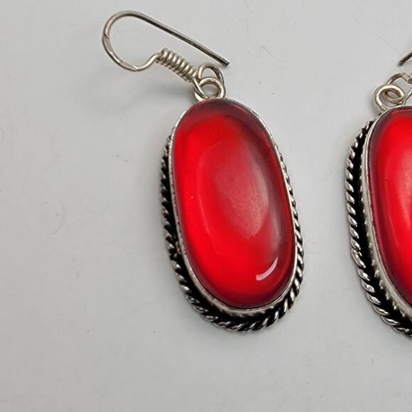 Sterling Silver Red Oval Earrings - Unique Gemstone Jewelry - Statement Earrings - Picture 3 of 7